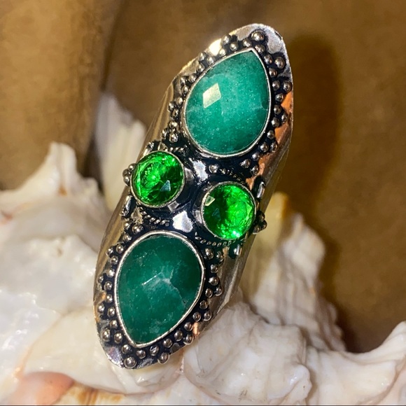Rough Emerald + Green Topaz handcrafted Renaissance ring